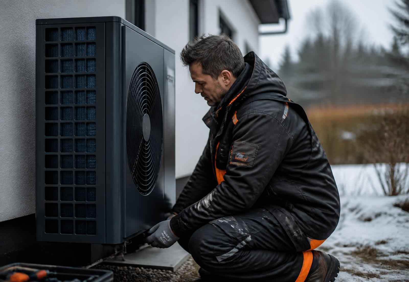 Fachkraft montiert eine Wärmepumpe an einem Wohnhaus